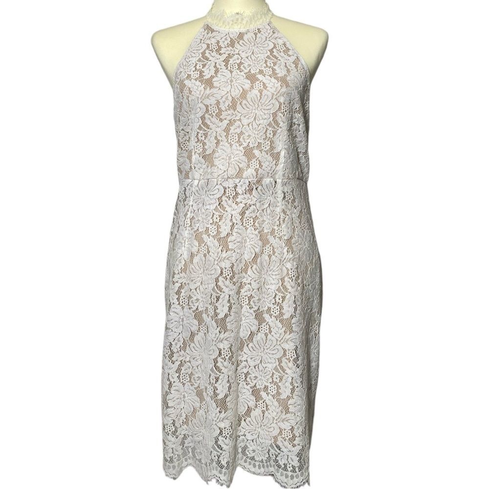 NWT Sans Souci White Lace Sleeveles Halter Neck Sheath Dress Women's Size Large